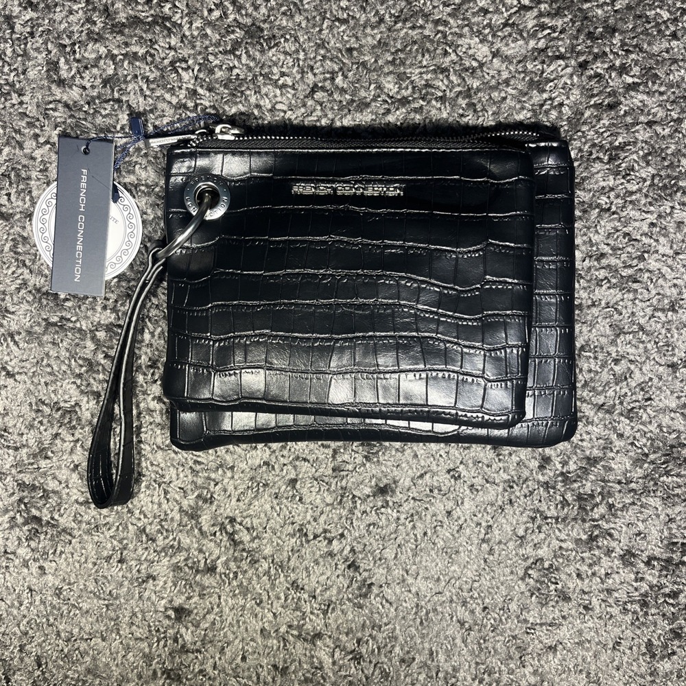 French Connection Black Dale Croco Double Slim Pouches‎ Wristlet Faux